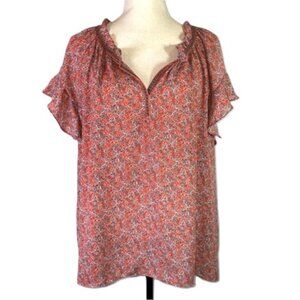 Max Studio Flutter Short Sleeve Top Red Coral Floral Relaxed Fit Size 1X